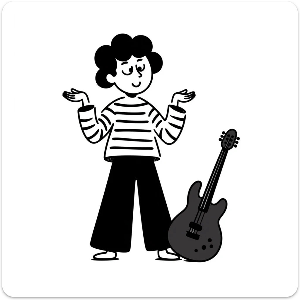 A musician smiling and shrugging shoulders with a carefree attitude, happy and unbothered expression, suggesting "it's up to you if you continue like this, I'm happy" sticker