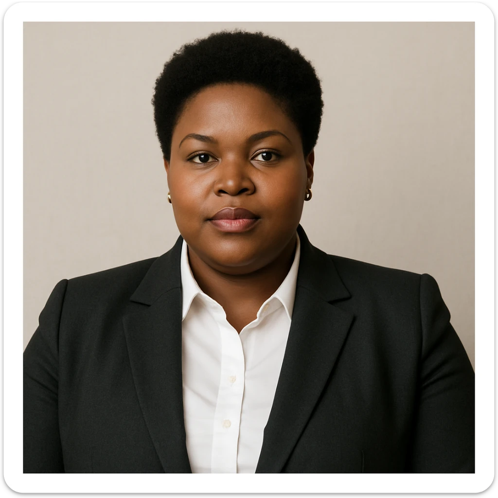 professional plus size Black woman with a short afro, business attire, confident expression, neutral background, upper body focus sticker