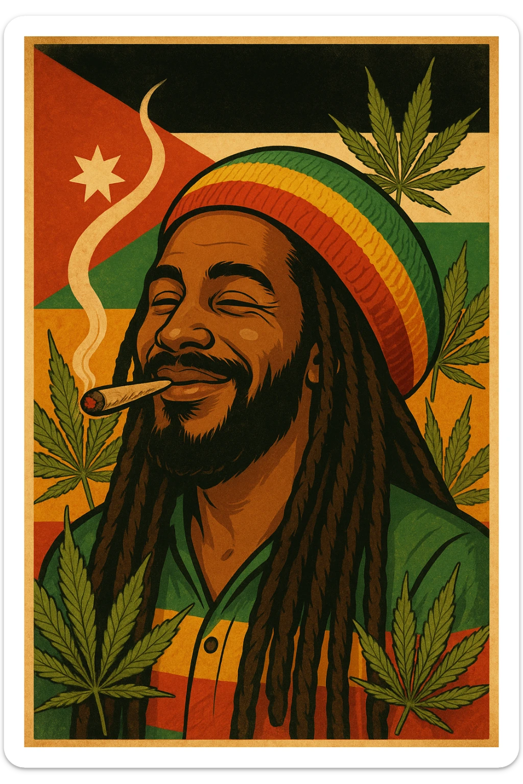 A digital vintage-style poster illustration of a Jordanian Rasta man with dreadlocks, wearing a red, yellow, green striped tam hat. He is smiling peacefully with a lit herbal spliff in his mouth. The background features the official Jordan flag — black, white, green horizontal stripes with a red triangle and a white 7-point star — accurately displayed behind him. Cannabis leaves are tastefully arranged around the composition, and the poster includes Rasta color textures blended with the Jordanian palette. Use a retro poster style with warm, slightly aged textures, bold outlines, and soft shading to evoke a soulful reggae vibe that honors both Jordanian pride and Rasta spirit. The mood is chill, powerful, and respectful sticker