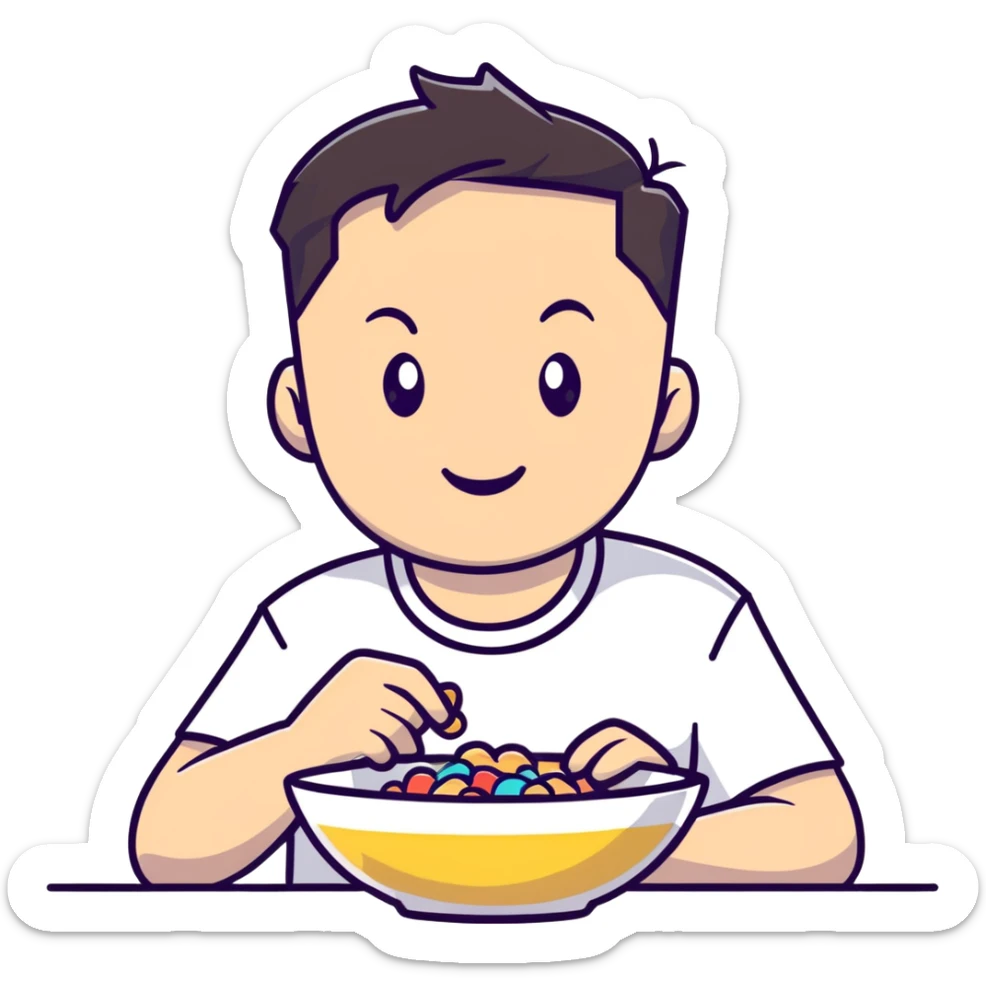Elon Musk eating a bowl of cereal, tech entrepreneur with short dark hair enjoying breakfast sticker