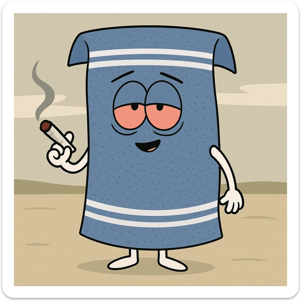 blue towel character in South Park cartoon style, red eyes, holding a joint, looks stoned sticker