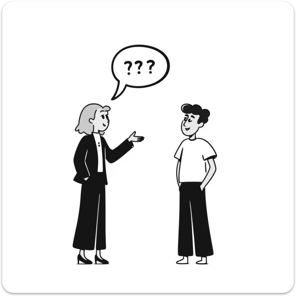 A blonde woman in a black suit talking to a brown-haired man in a white t-shirt. The woman has a speech bubble above her head. The woman is talking and the man is smiling. sticker