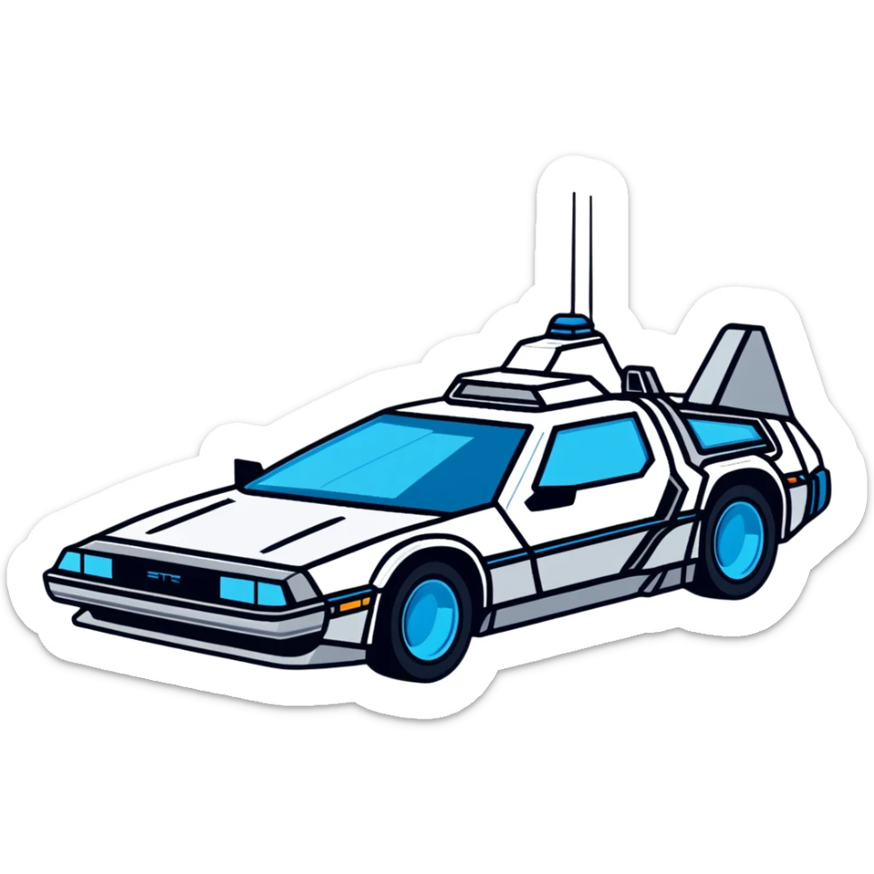 Top-down view of retro-futuristic hover car inspired by the DeLorean, open gullwing doors, silver metallic body with blue-tinted windows, stylized jet boosters in the back, flat vector style, outlined shapes, minimal design sticker