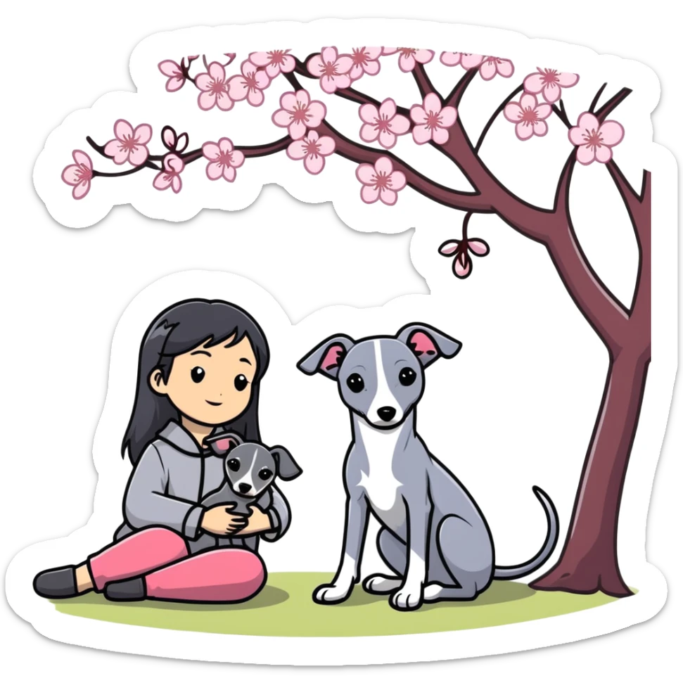 A young Chinese girl with long black hair and a dark grey Italian Greyhound with absolutely no white marks on its body or nose sitting under a cherry blossom tree sticker