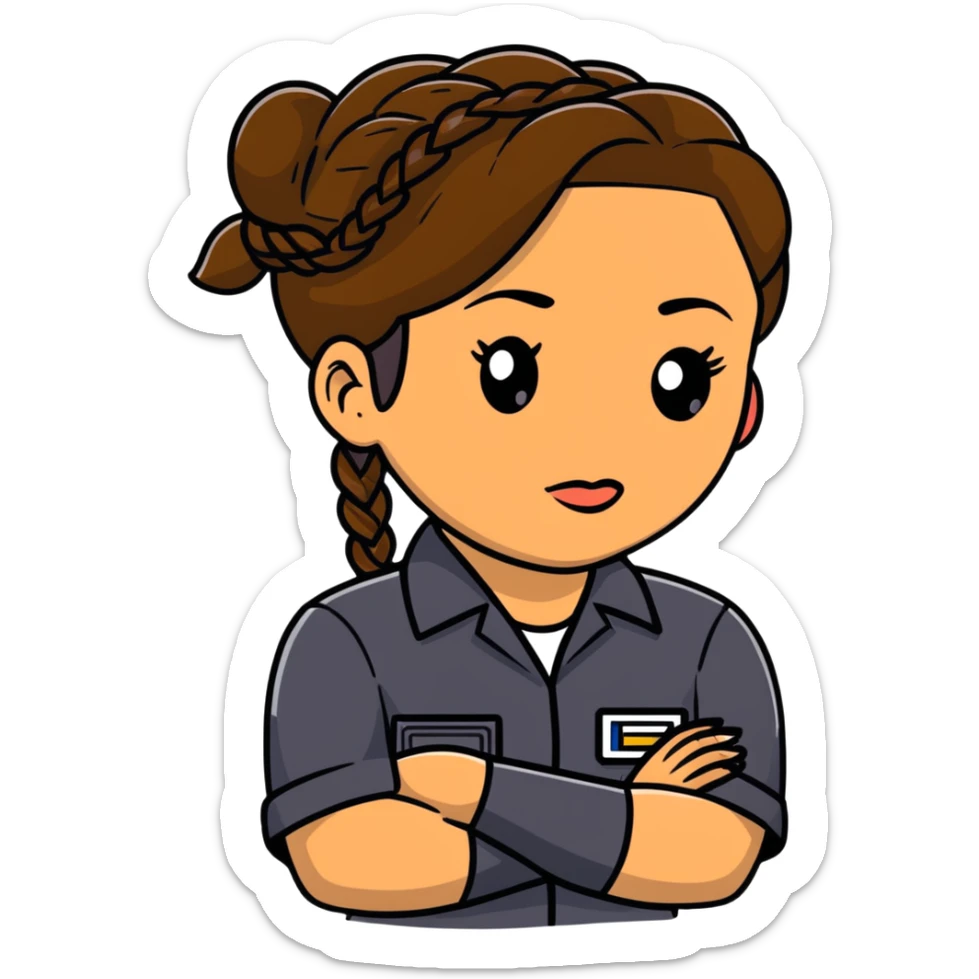 A 40-year-old Latina woman car mechanic with light brown skin, wearing black mechanic uniform, with two braids pulled back from her head sticker