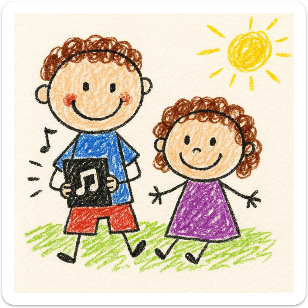 A 6-year-old boy and his 4-year-old sister with brown curly hair sitting together, the boy holding an iPad playing music, in children's doodle style sticker