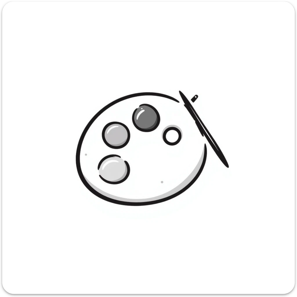 An artist's paint palette with thumb hole and paint colors in pastel colors (dd9fb0, ffc6d3, a3bfc9, c4bee2, f1b091), hand-drawn doodle style sticker