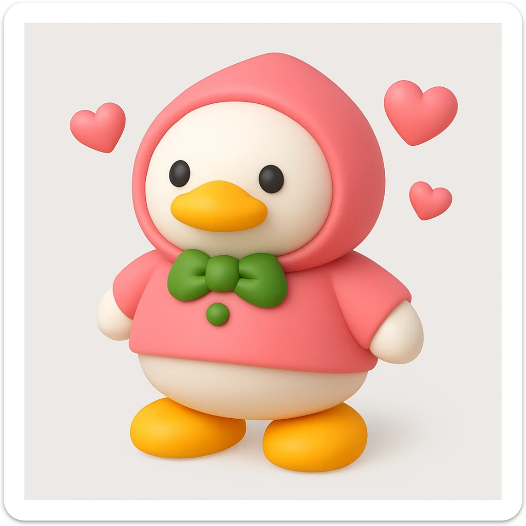 3D iOS style emoji of a duck wearing a pink hoodie with green buttons and yellow shoes, mimicking the colors and composition of the reference image, add pink hearts sticker