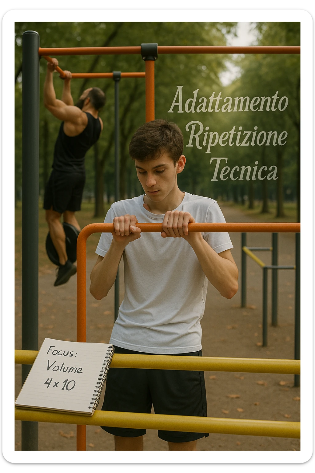 Giovane atleta principiante, fisico asciutto ma non muscoloso, si allena in uno street park con sbarra e parallele. Sta eseguendo serie lunghe di trazioni a corpo libero, concentrato sulla tecnica e sul controllo. Vicino a lui si vede un block notes con scritto a penna 'Focus: Volume, 4x10', mentre in lontananza un altro atleta molto più grosso fa una singola ripetizione con zavorra pesante. Il neofita guarda il suo diario, non gli altri. L’ambiente è sereno, luce naturale, atmosfera di crescita e disciplina. Sullo sfondo si intravedono i concetti scritti in aria con stile metaforico: 'Adattamento', 'Ripetizione', 'Tecnica', fluttuanti accanto a lui sticker