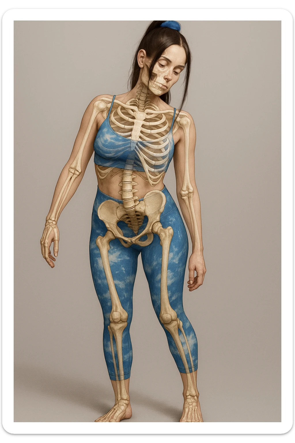 Donna in abbigliamento sportivo, postura asimmetrica, stile medico realistico, muscoli e ossa visibili, evidenzia la compressione delle coste sul lato corto, sfondo neutro, formato verticale. sticker