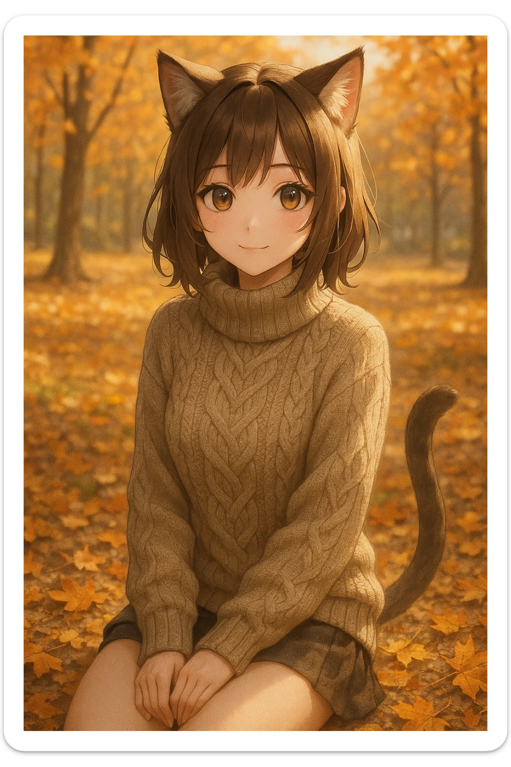 realistic anime catgirl in a cozy sweater, autumn park background, warm lighting sticker