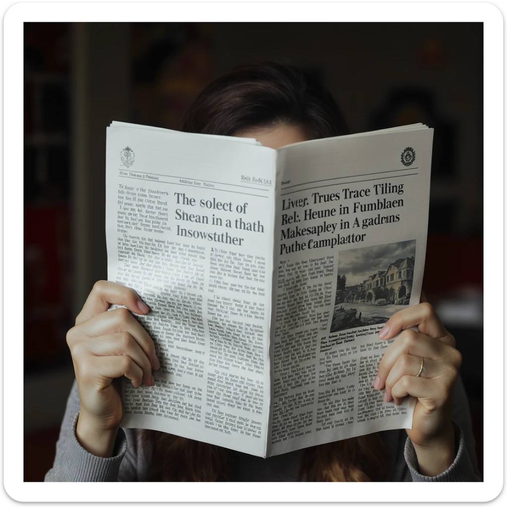 a person holding a newspaper up to their face as if reading, only hands and newspaper visible, photorealistic style, natural light sticker