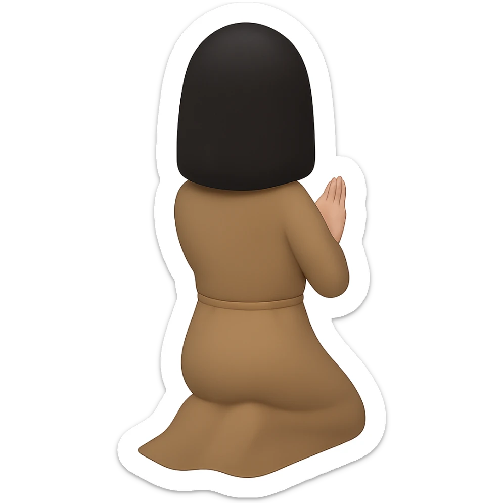 Edit the image to show a woman kneeling and praying from the back view, wearing a long tan dress and having dark brown hair. The style should resemble emoji style. Remove the background completely. sticker