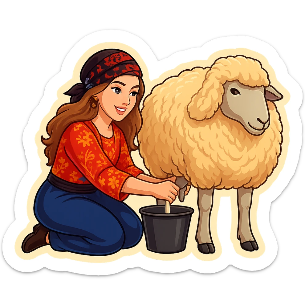 Kurdish cartoon sticker of the same woman in the new Kurdish dress milking a standing sheep. The woman's hands are on the udder, and the bucket is clearly placed between the two back legs behind the sheep in the correct position. Realistic and clear cartoon style, no text, transparent background. sticker