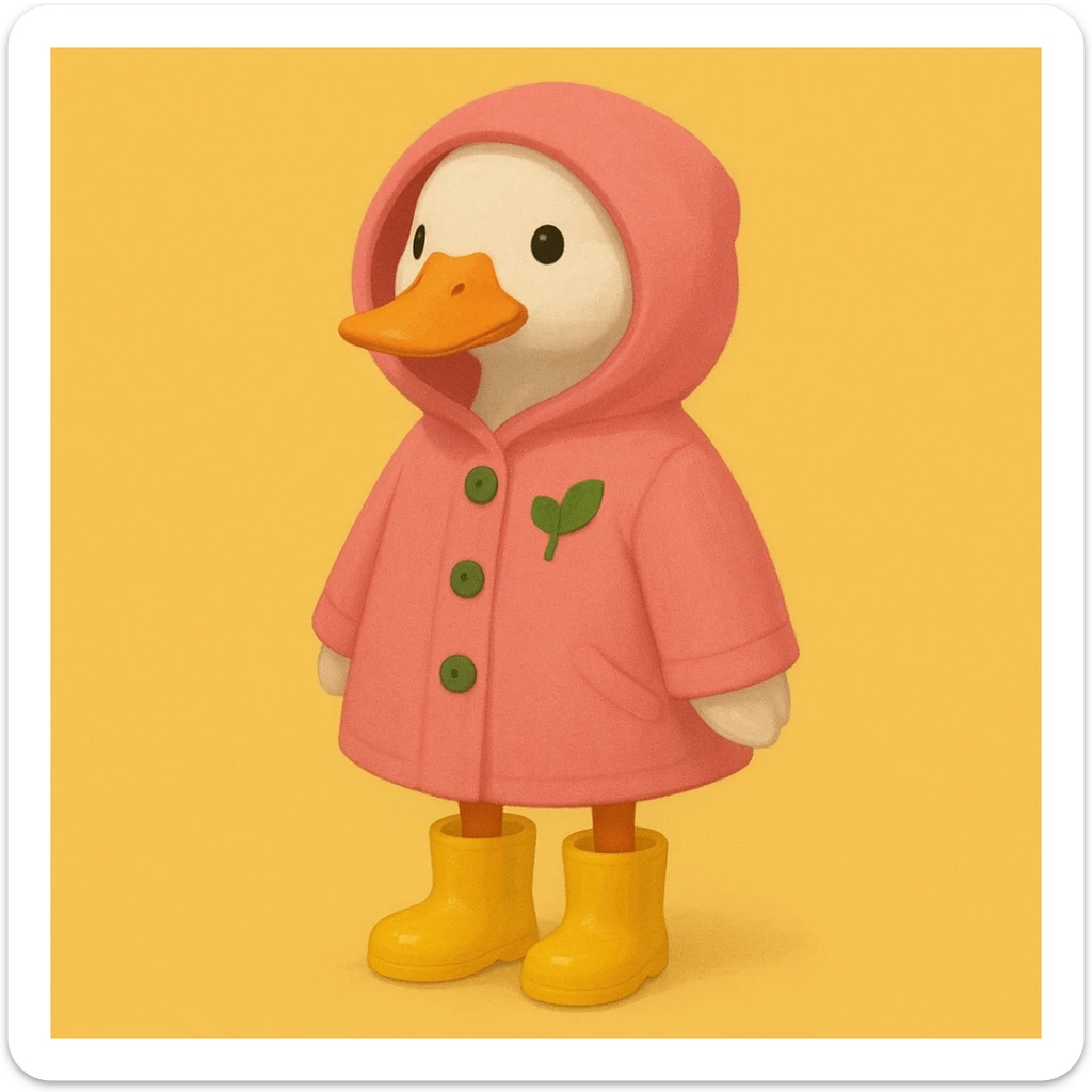A duck wearing a pink hooded coat with green buttons and a green leaf on the chest, and yellow boots. The background is plain and yellow. sticker