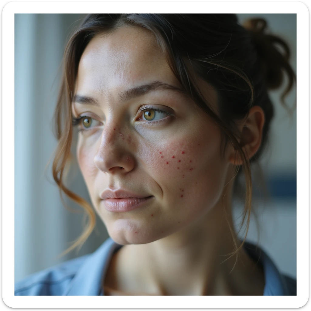 realistic woman with PCOS, face with acne marks and chin hair, slightly thinning hair, medical atmosphere, hyperrealistic 4K details sticker