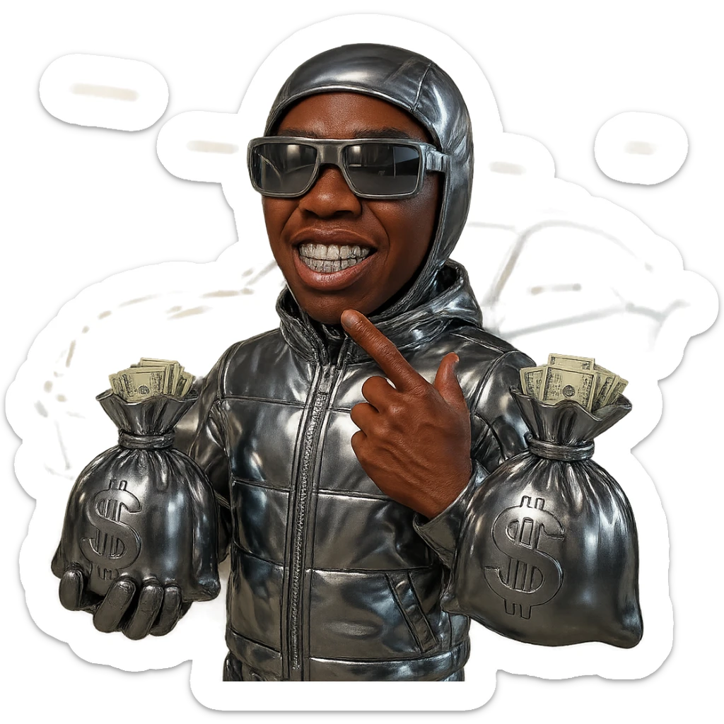 Create a character with realistic brown skin tone and natural facial features. The character has shiny chrome grills on his teeth and is wearing a full chrome suit, not just a jacket. He is also wearing bold, stylish carrier glasses. The character is holding two chrome brown money bags, each with realistic US dollar bills coming out of the top. The character is posted up in front of a car, with the background showing a parking garage similar to the reference images. The face and hands should look natural and realistic. sticker