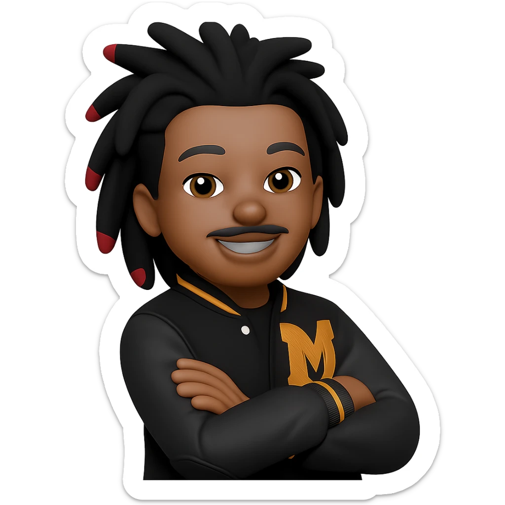 Create a male African American emoji with his hairstyle and features from the first reference photo, wearing a letterman jacket with an M on it, arms crossed and smiling, with a pencil mustache. The style should match the 3D cartoon style of the second reference image. Remove the background. sticker