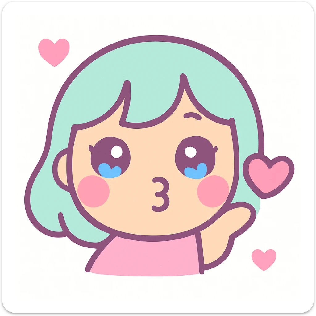 girly emote blowing a kiss, pink cheeks, heart accent, kawaii style sticker