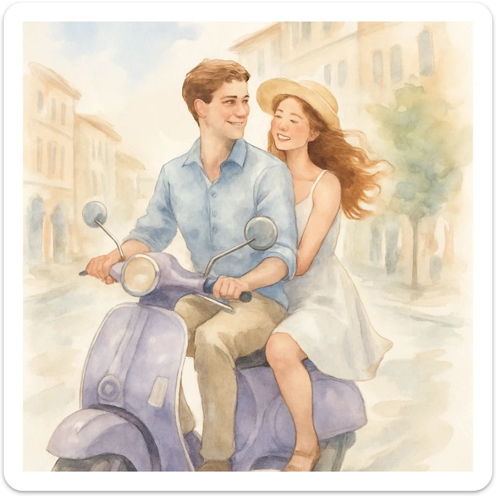 watercolour style, couple on a scooter, city street background, light and airy feel sticker