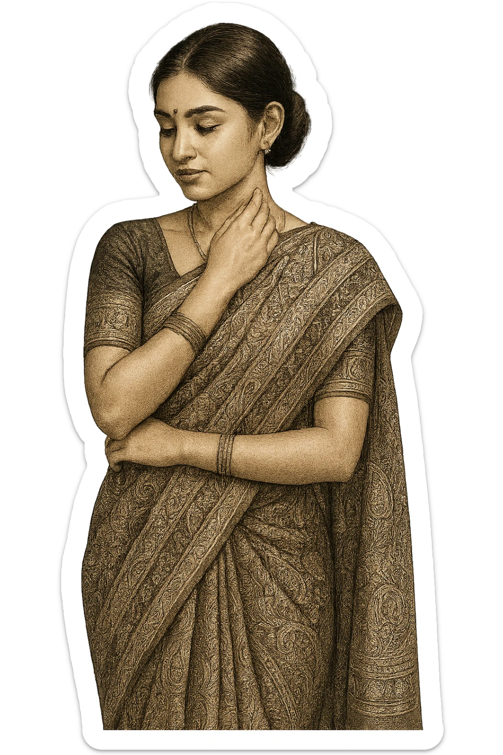 A girl wearing a saree, holding her own neck, South Asian features, elegant pose, intricate patterns, no background sticker