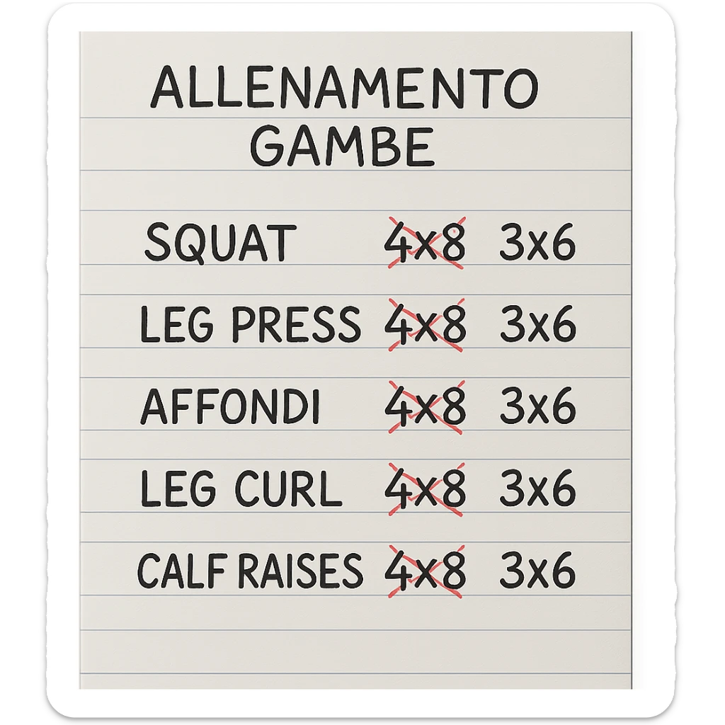 foglio di carta con scheda di allenamento gambe in italiano con volume di allenamento ridotto (fai alcuni esercizi con 4x8 scritti in precedenza sbarrati in rosso e la correzione accanto tipo 3x6), scrivila al meglio che puoi sticker