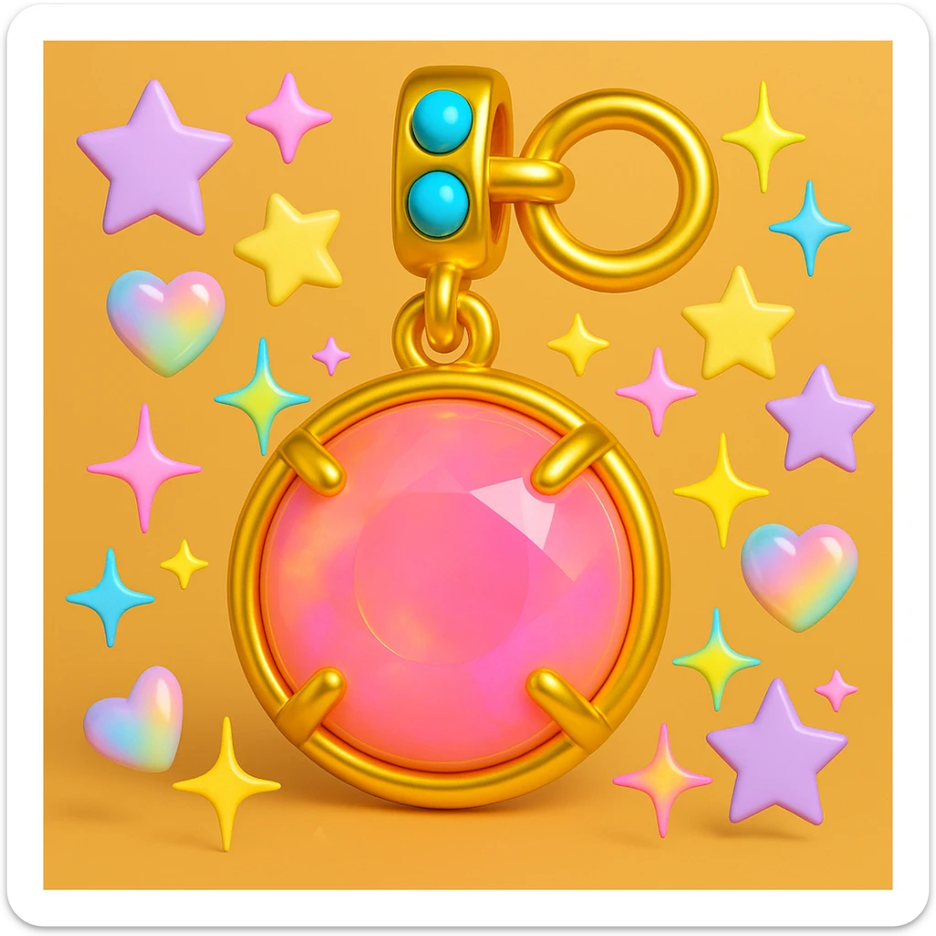add more Y2K accents: pastel stars, iridescent hearts, and neon sparkles around the elegant round cut pink sapphire holographic charm with gold setting and gold jump ring, extreme close-up, 3D emoji style sticker