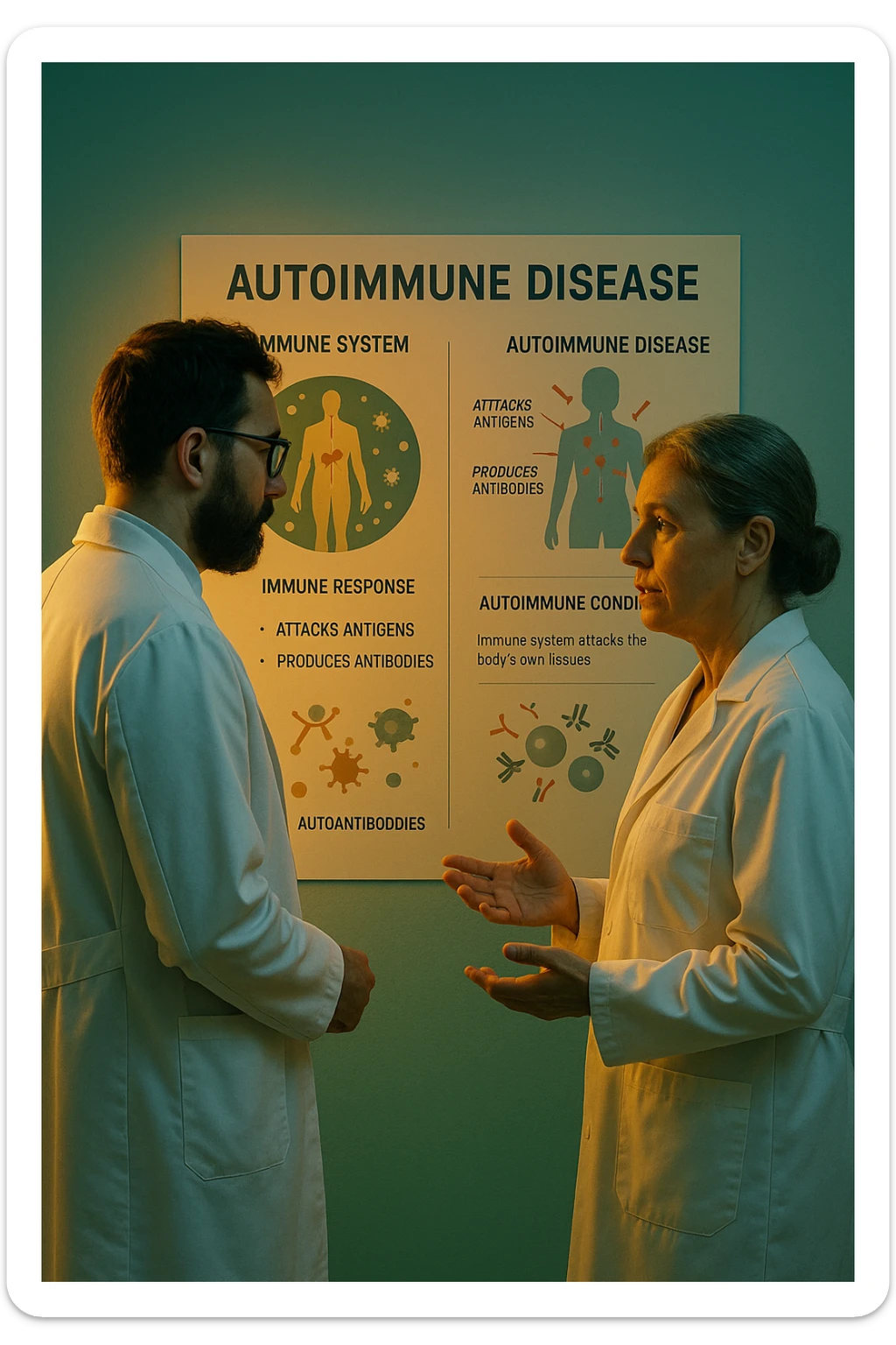Realistic, detailed photo taken from behind of two doctors—a bearded man and a middle-aged woman—standing and facing each other as they discuss an autoimmune disease diagnosis in front of a medical chart that displays information about the immune system and autoimmune conditions. The scene is illuminated by a yellowish, orange, warm light that softly envelops the doctors. The entire room is bathed in a single green-blue color, creating a cohesive and modern atmosphere. Both doctors wear white coats, and their body language suggests a serious, professional conversation about the complexities of autoimmune diseases. Shot with a Canon EOS R5, with high detail and natural depth of field. sticker