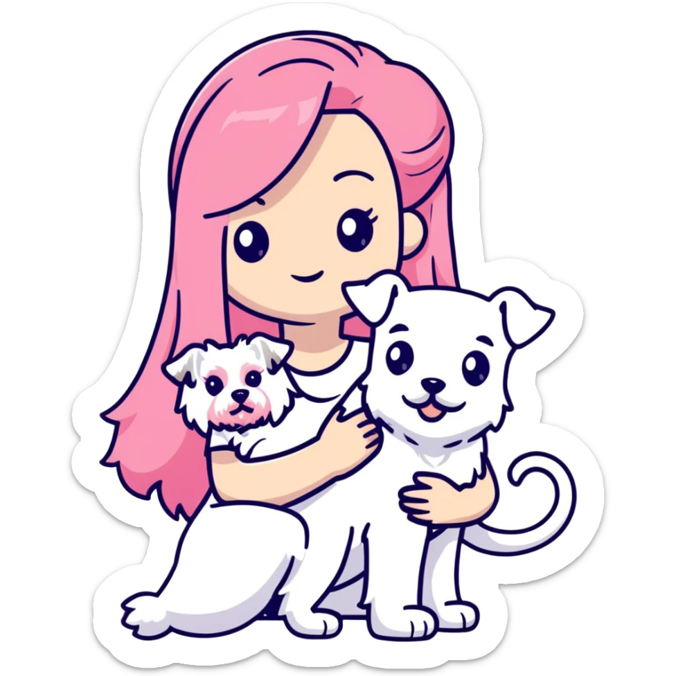 Girl with long flowing pink hair holding a white schnauzer dog sticker