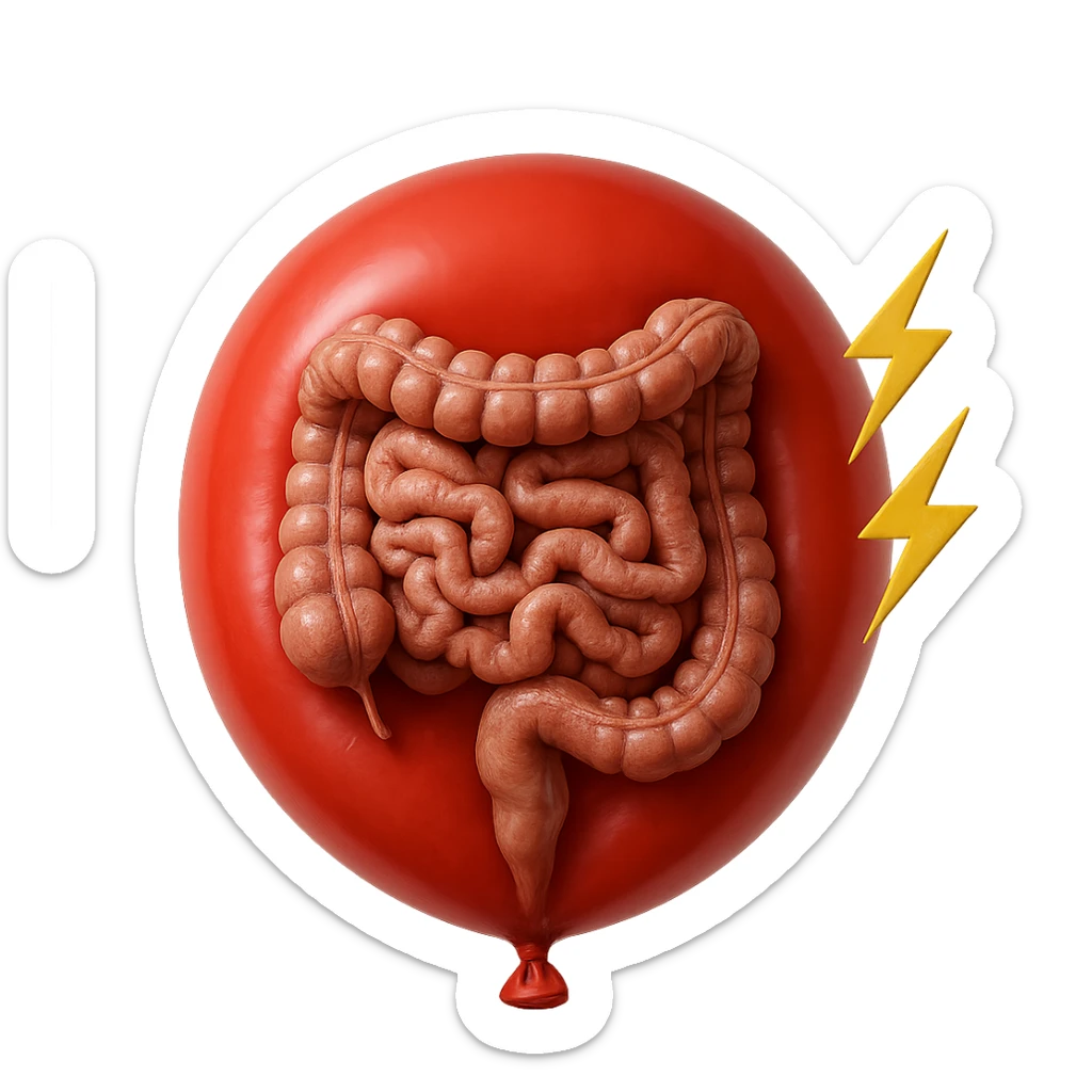 intestino umano anatomico chiuso in un palloncino rosso che simboleggia gonfiore, accanto simboli di fulmini e che simboleggiano "dolore", iperrealistico 4k sticker