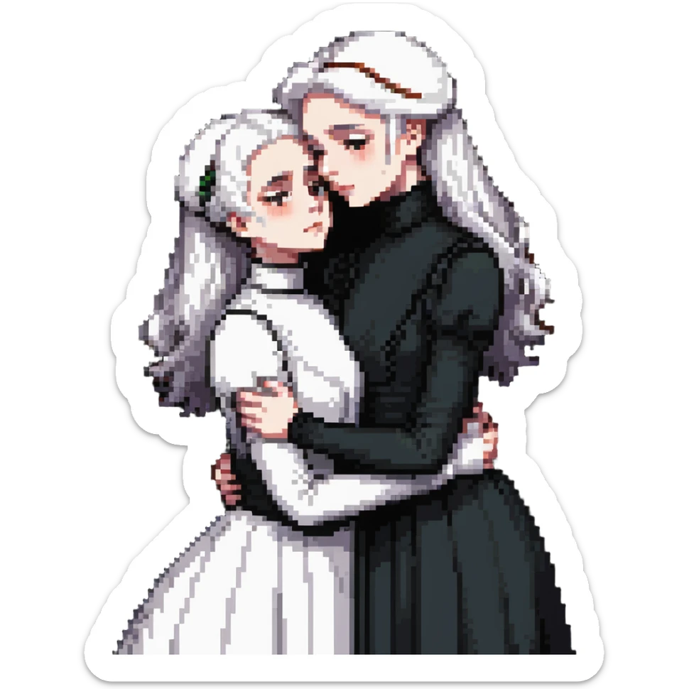 Two Victorian women with light eyes, one with bright pure white coiffed hair and one with dark copper coiffed hair, wearing Victorian turtleneck dresses, embracing tightly in an extremely sad, intimate hug sticker