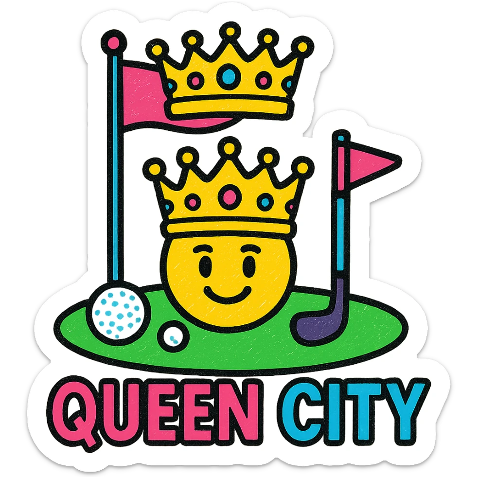 Add the text 'Queen City' in a trendy, bold font below the emoji, matching the sleek logo style. sticker