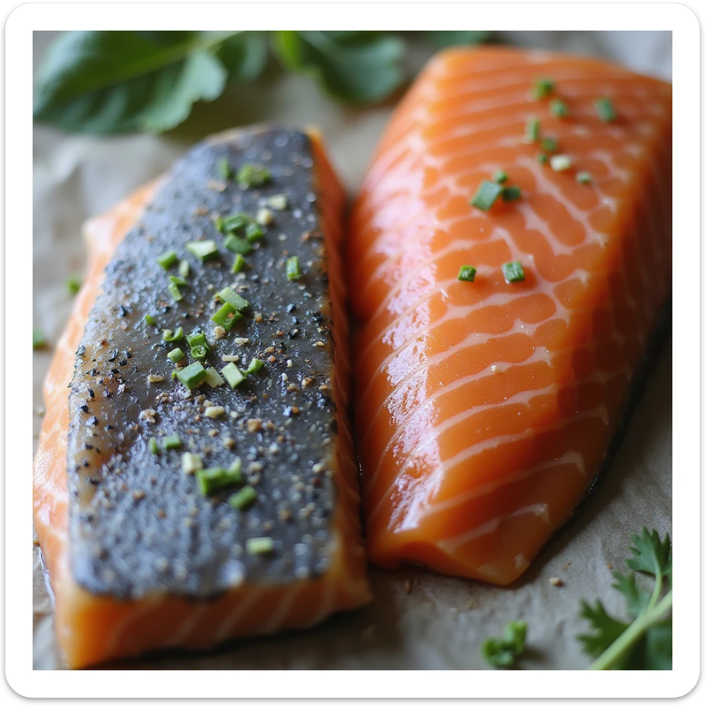 close-up of two raw salmon steaks: gray salmon on the left, orange salmon on the right, with labels highlighting the color difference, realistic style, 4K resolution sticker