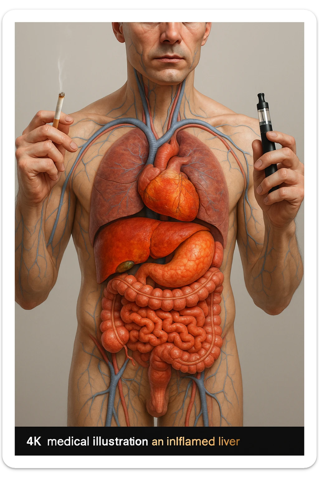 FANNE 10 CON LO STESSO IDENTICO STILE DEL CORPO UMANO CHE HO ALLEGATO , MA USANDO QUESTO COMANDO: A MEDICAL ILLUSTRATION OF A REALISTIC human body WITH INFLAMMED LIVER AND INTESTINE IN EVIDENCE, HOLDS A LIGHTED NORMAL CIGARETTE IN HIS RIGHT HAND, AN ELECTRONIC CIGARETTE IN HIS LEFT HAND IPERREALISTICA  4K sticker