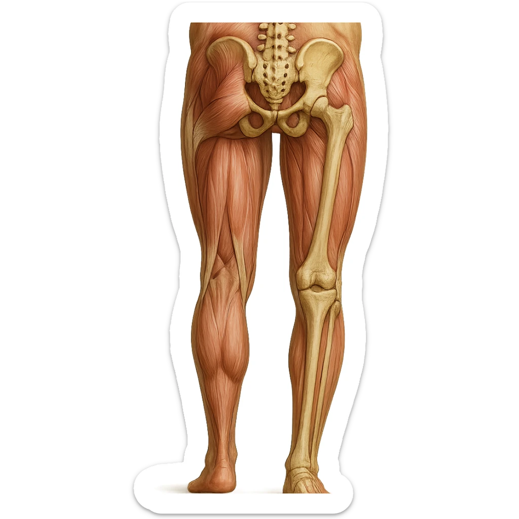 Edit the image to depict an inhibited leg (shorter than the other), in a medical anatomical style, posterior view, hyperrealism, with no background. Variation 2. sticker
