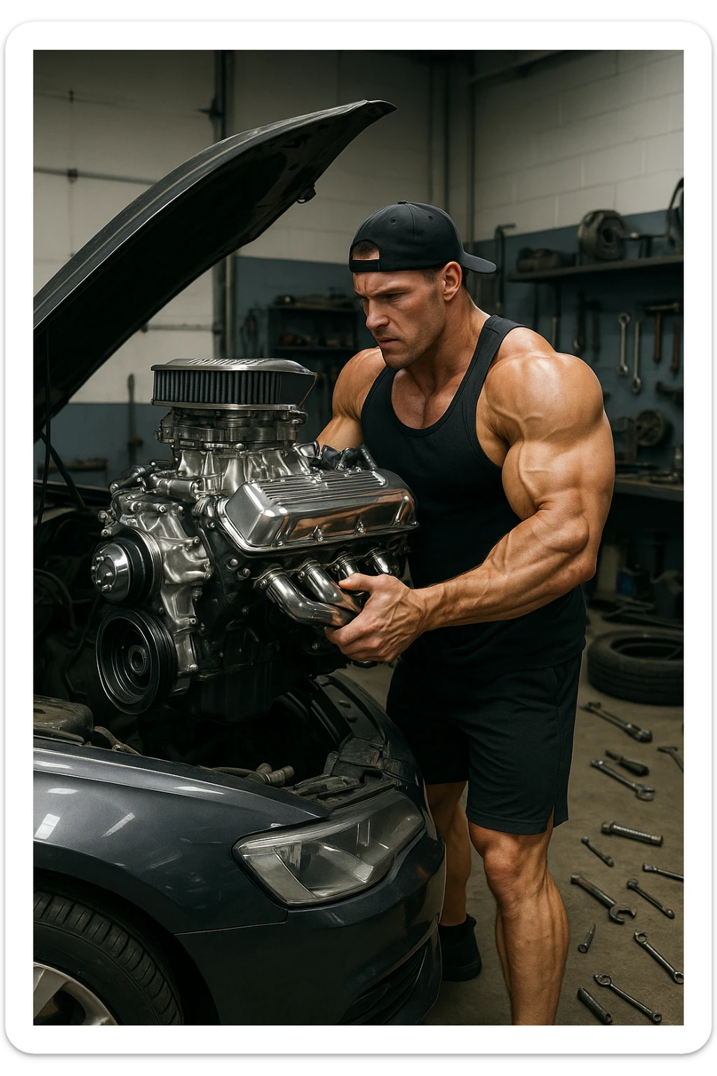 a muscular bodybuilder in gym attire stands next to a car with the hood open, lifting a large, shiny, high-performance engine with ease. His expression is focused and determined as he installs the new engine. The background is a modern garage, with tools and car parts scattered around, emphasizing strength and mechanical skill. sticker