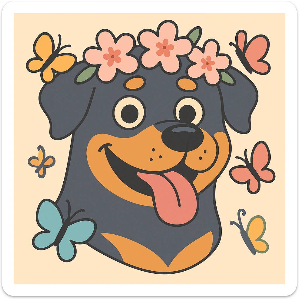 Add butterflies fluttering around the rottweiler with a cherry blossom flower crown, keep the original style and colors sticker