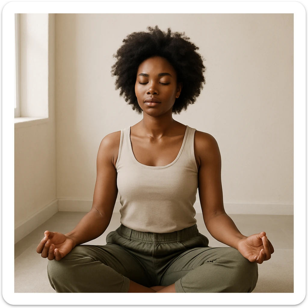 realistic style portrait of a black woman meditating, in a minimalist interior with natural light sticker