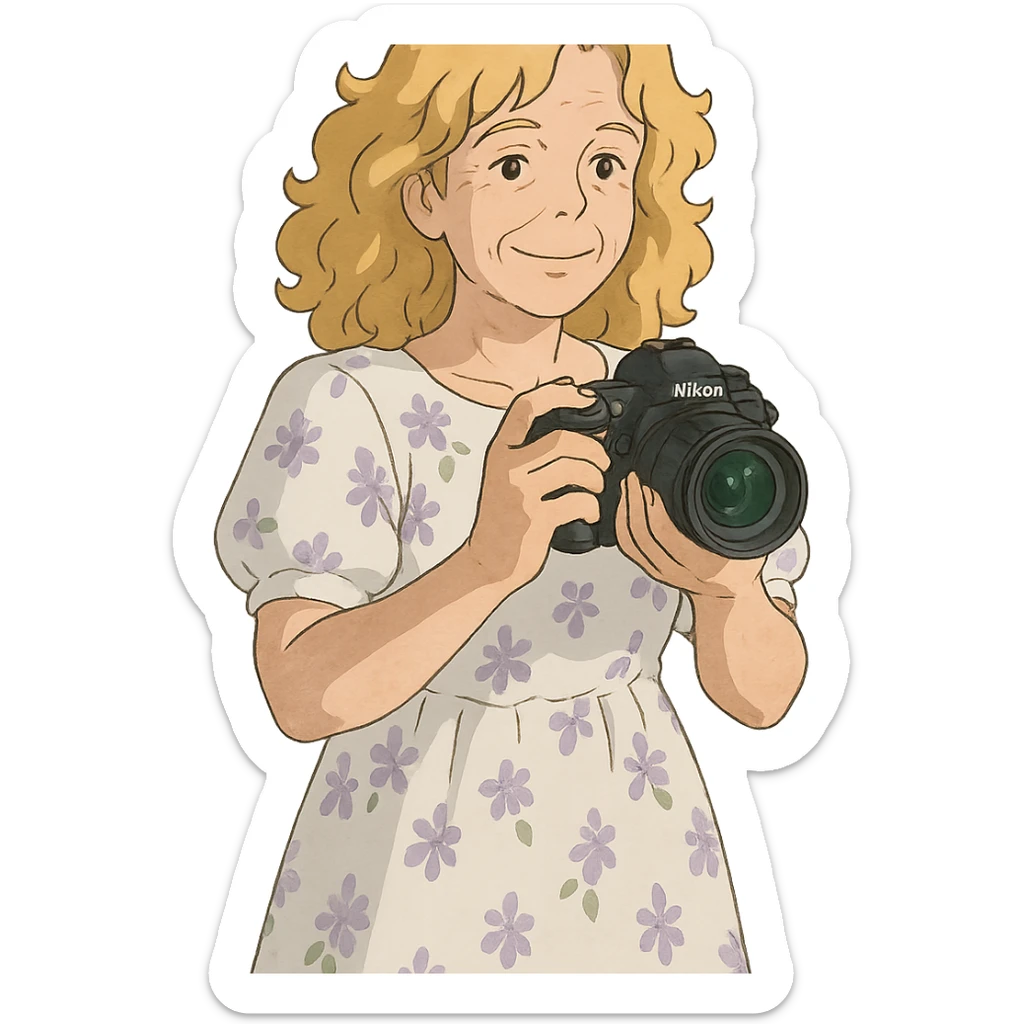 chica rubia de rulos de 50 años con cámara Nikon y vestido largo blanco con flores lilas, estilo ghibli sticker