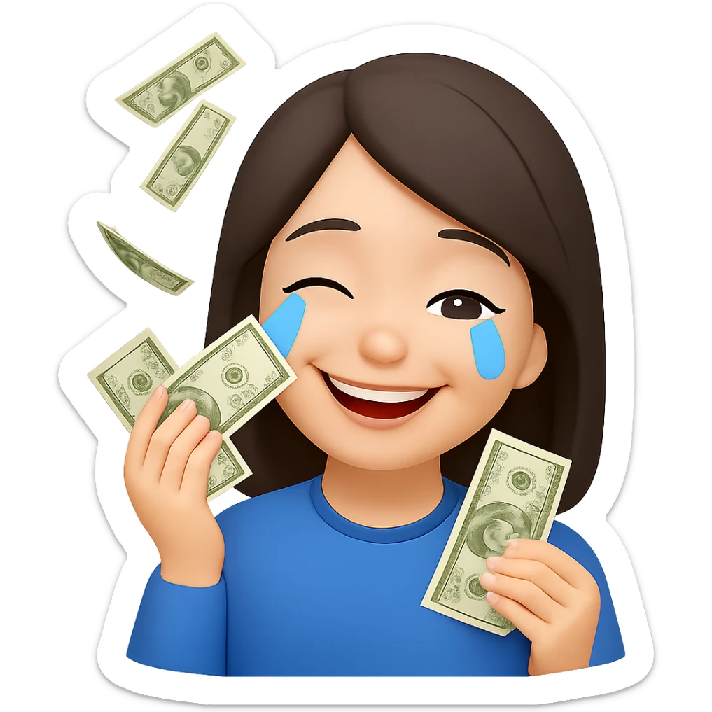 Make the brunette girl smile instead, drying her tears with money bills, in emoji style, no background. sticker