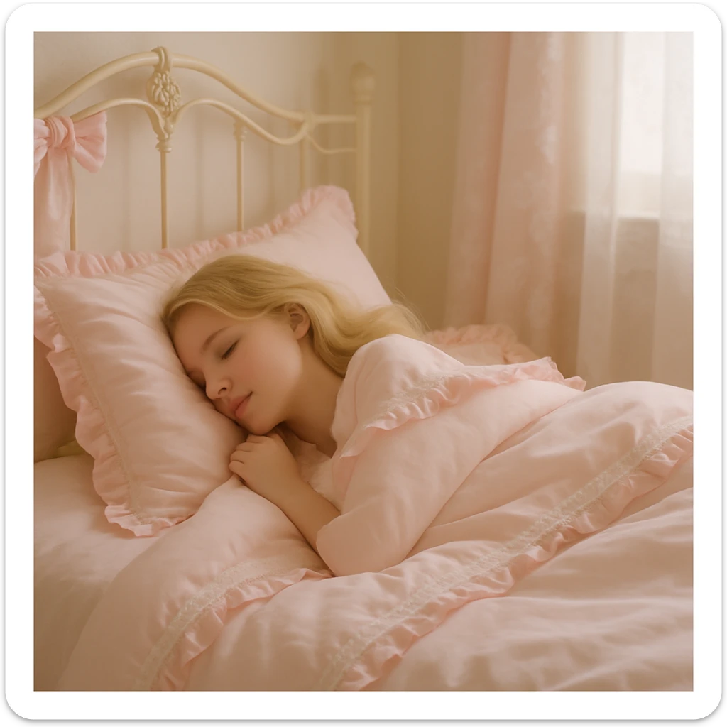 Side view of a girl with blonde hair, eyes closed, tucked into a baby pink Coquette bed, delicate and feminine details, soft pastel colors, gentle lighting sticker