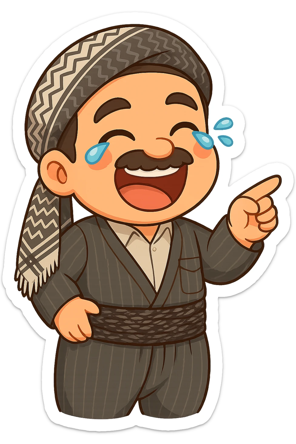 Cartoon sticker of a Kurdish man with the same clothes and scarf as the reference image, no changes to clothes or scarf, face with intense laughter and tears of joy, hand raised pointing to a joke or fun, colorful and cheerful, no text, suitable for WhatsApp and Instagram, transparent background. sticker