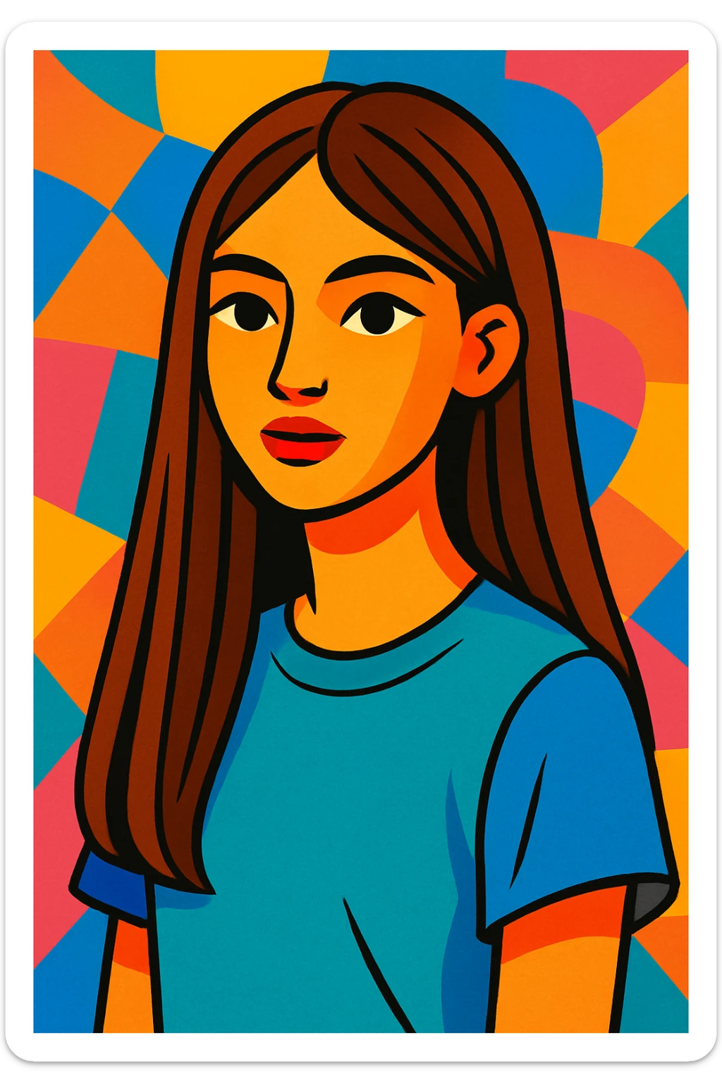 girl with long straight brown hair, modern illustration style, vibrant and colorful sticker