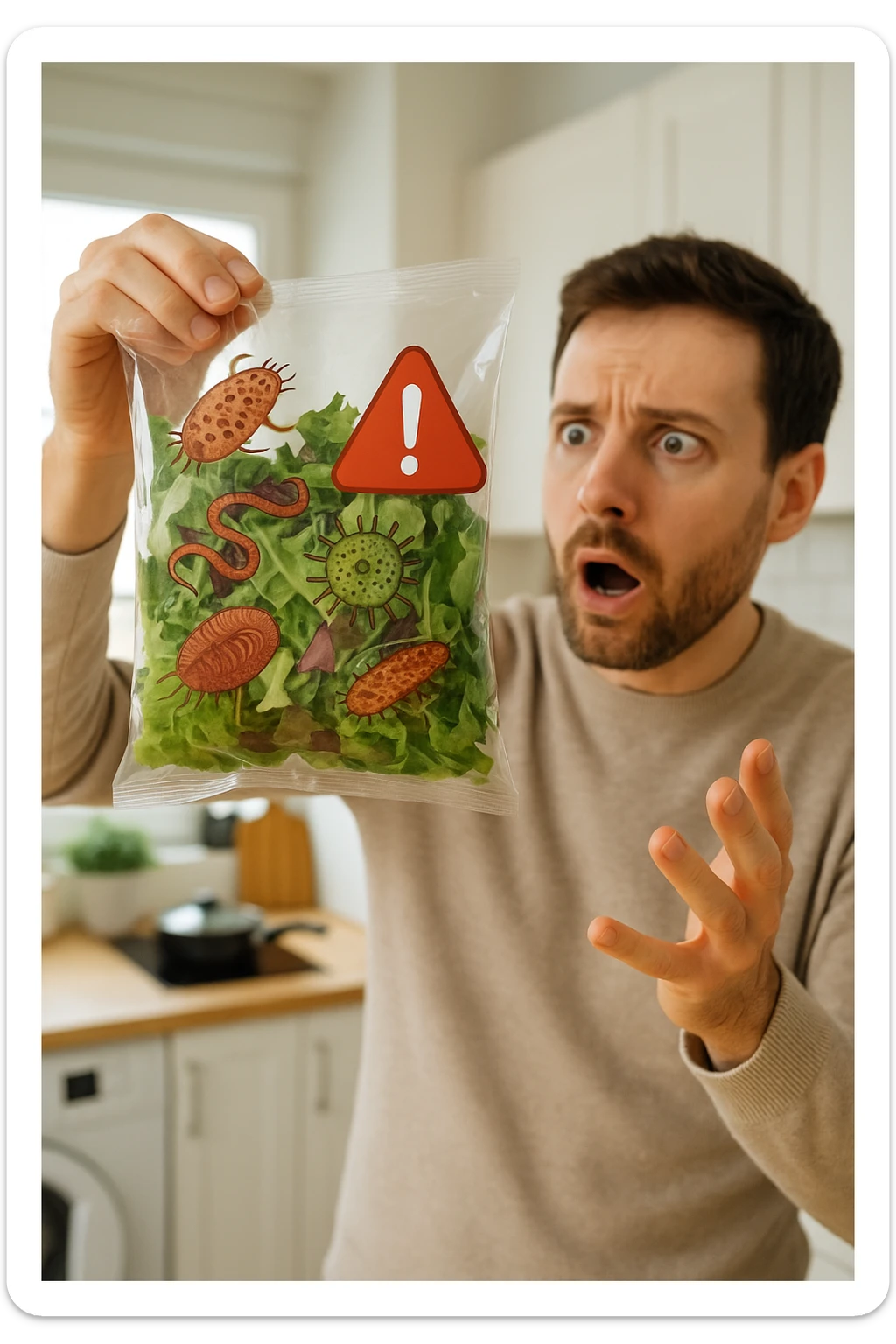 a man with a shocked expression holds a bag of salad greens up to the light. Through the clear plastic, enlarged and detailed images of various parasites and bacteria are visible among the leaves. A red warning triangle with an exclamation mark floats near the bag, emphasizing the health risk. The setting is a bright, everyday kitchen. sticker
