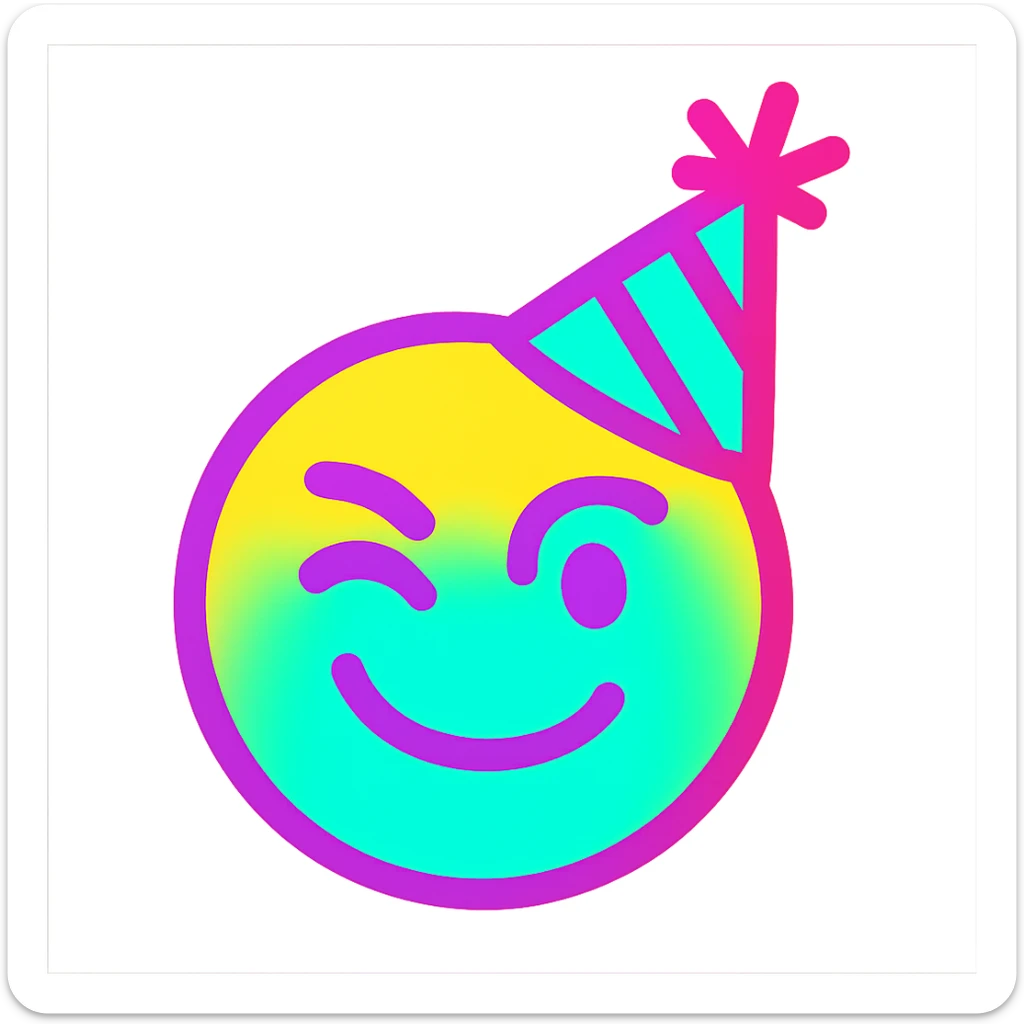 Edit the emoji to have a neon color palette, add a playful party hat as an accessory, and give a winking expression. The style should be minimalistic with bold lines, bright colors, and playful, resembling an emoji style with no background. sticker