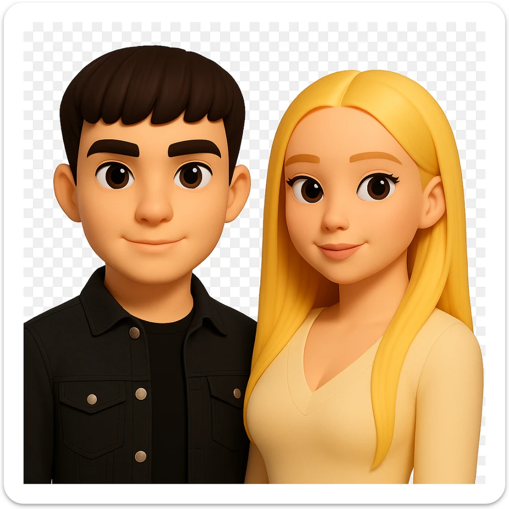 Slightly increase the volume of the upper body of the girl, separate the girl and the boy from each other, make the skin color the same for both characters. Maintain the cartoonish 3D style as in the reference image. Keep the background transparent. sticker