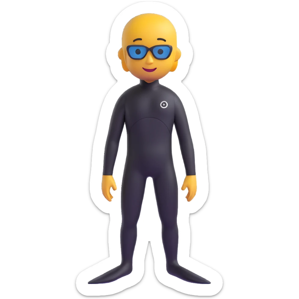 Extend the freediver's leg fins to be significantly longer, resembling professional freediving fins, while keeping the same pose, black wetsuit, and overall 3D emoji style unchanged. Preserve the black background and all other design elements. sticker