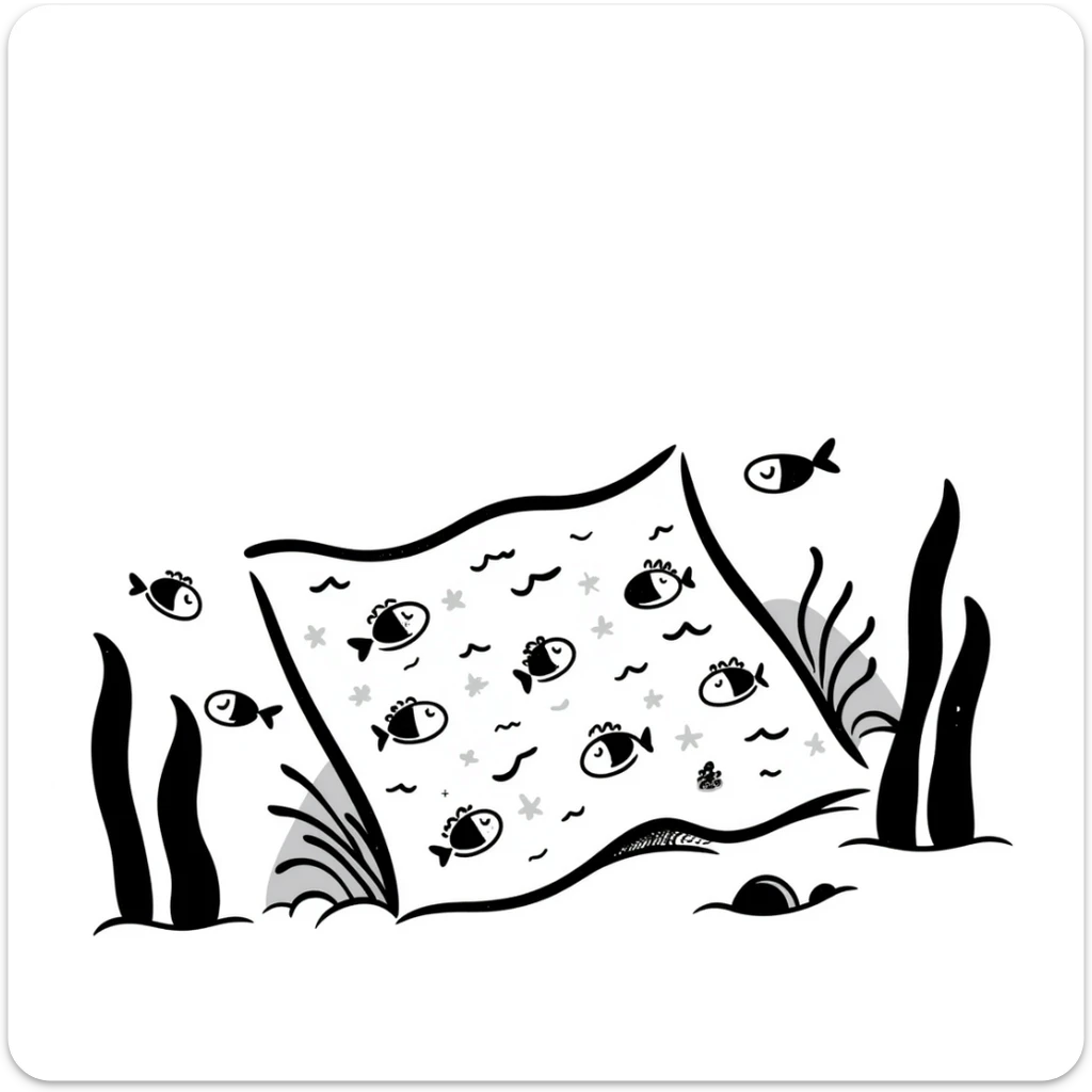 hand-drawn doodle of a carpet on the sea floor, with simple fish and plants sticker