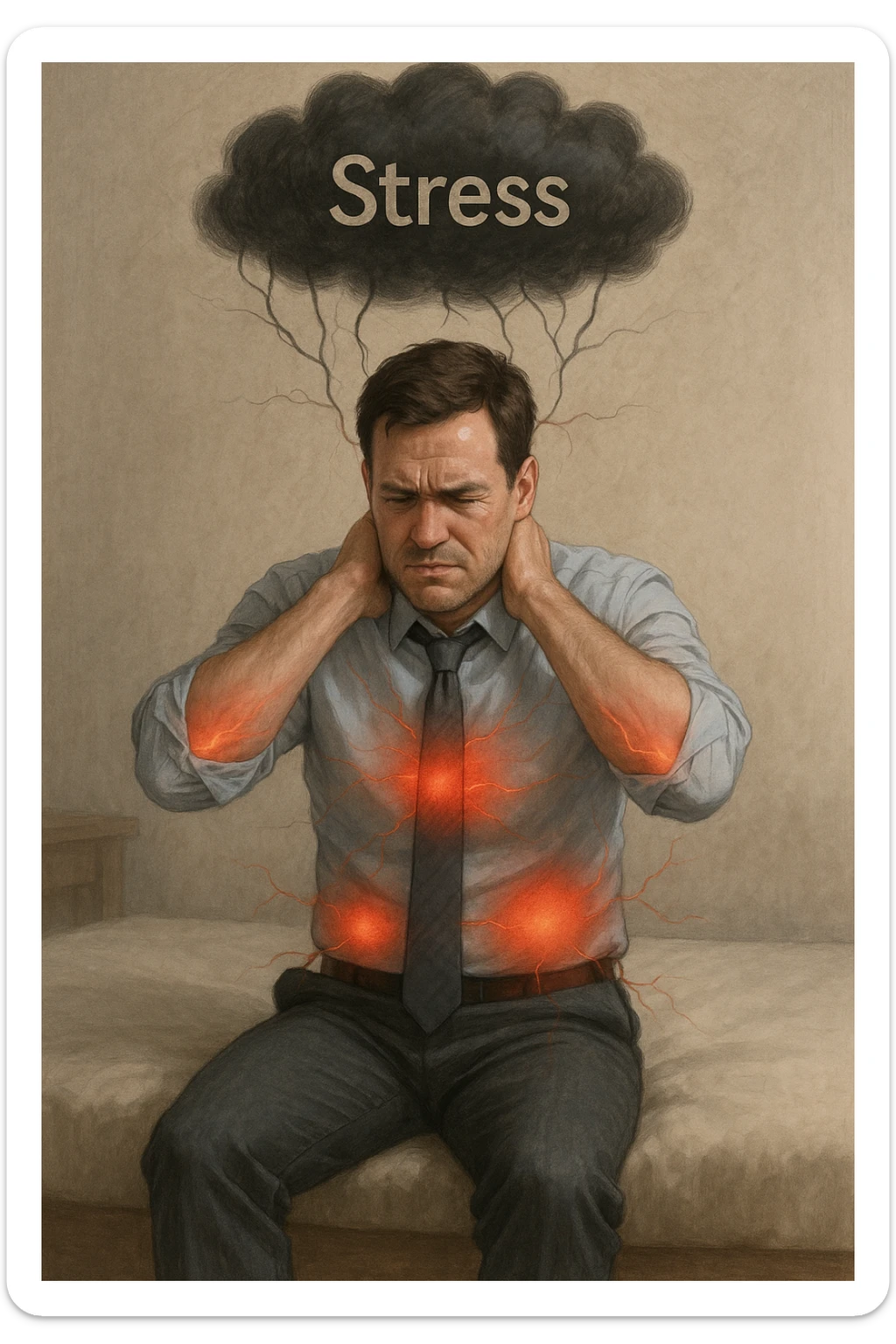 Uomo tra i 30 e i 40 anni in abiti da ufficio, seduto su una sedia o sul letto, con mani sul collo o sulla testa, visibilmente stressato. Attorno al corpo si vedono aree evidenziate di dolore (spalle, stomaco, schiena) rappresentate da leggere sfumature rosse o pulsanti. Sopra la sua testa, una nuvola scura con la parola 'Stress' scritta dentro, collegata al corpo con fili o nervi tesi. L'espressione dell’uomo è di frustrazione ma anche convinzione: crede che sia solo lo stress. Stile realistico con accenti simbolici psicofisici sticker
