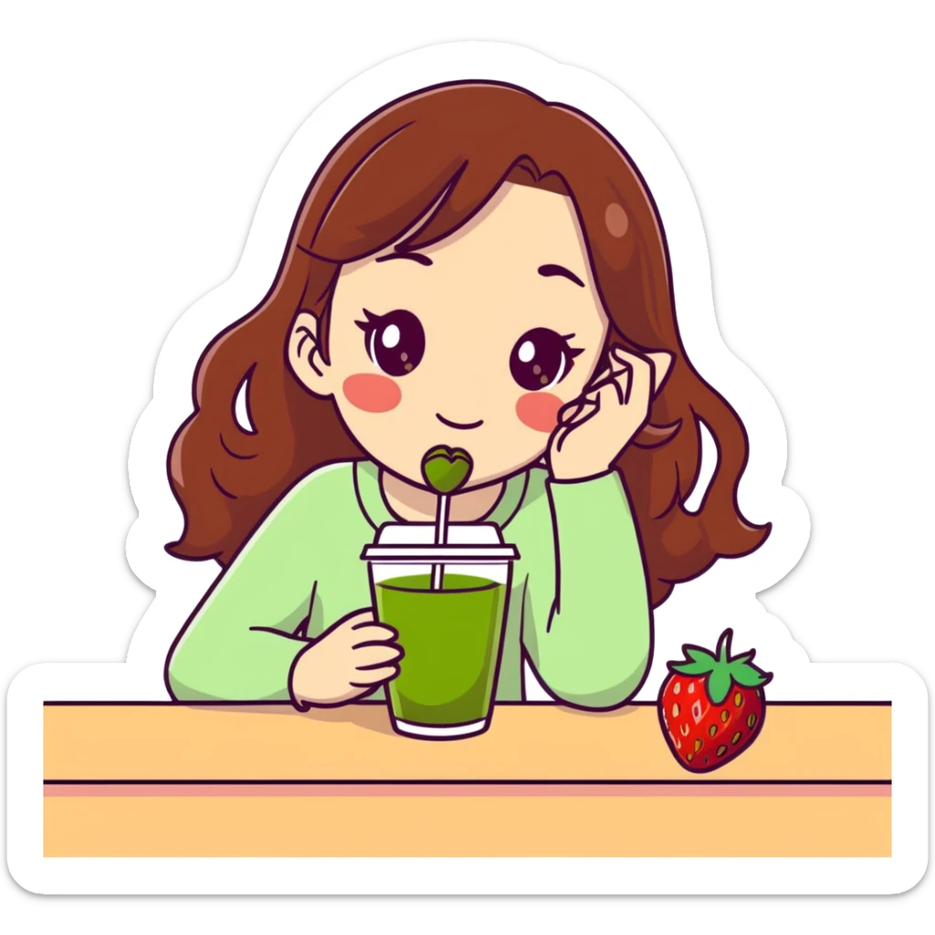 Girl with brown Hair and green eyes, drinking a strawberry matcha with coquette look sticker